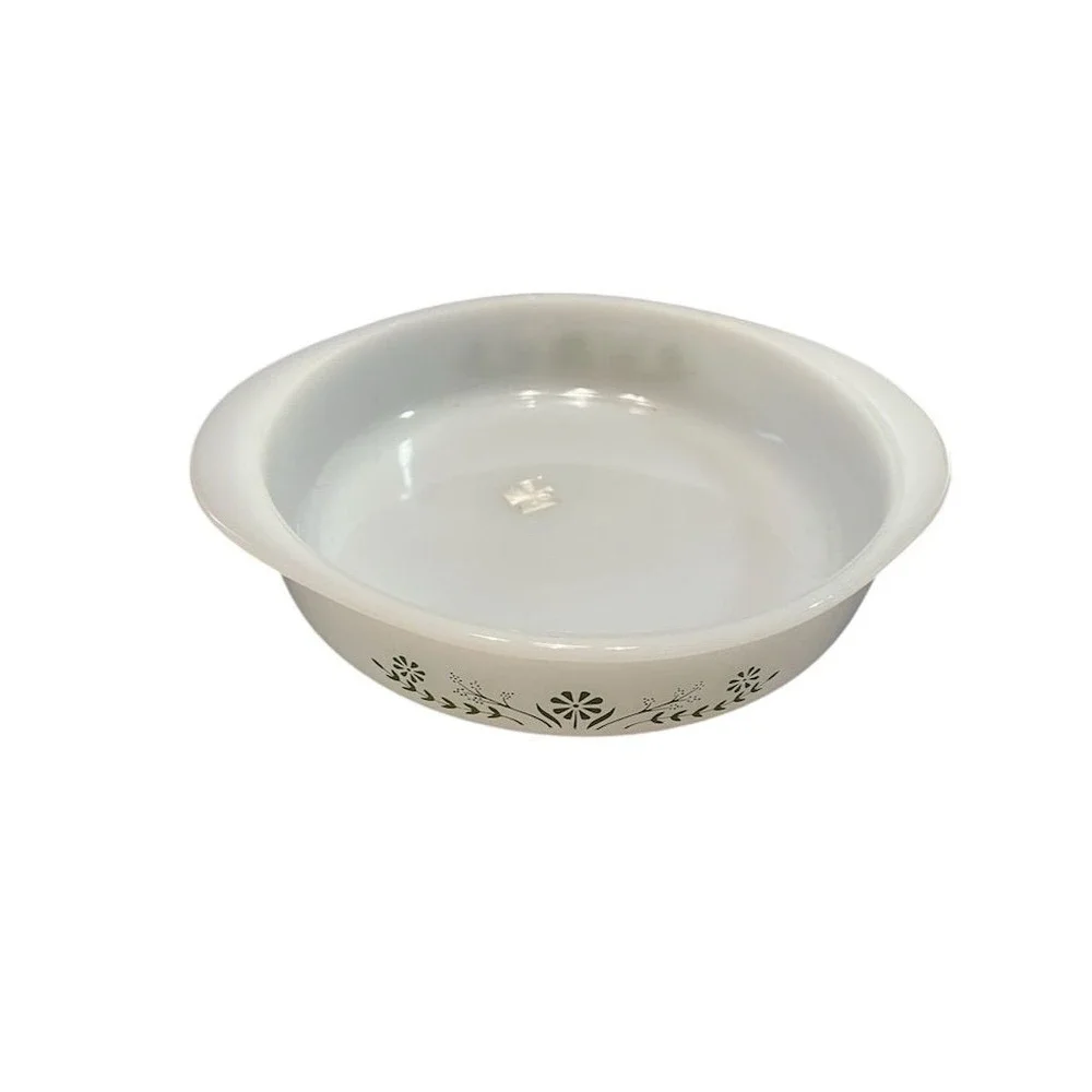 Vintage Glasbake Round Casserole Dish Green‎ Floral Design 1960s